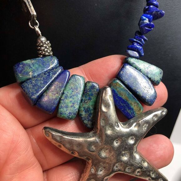 3511 Fetish Brand Lapis silvertone starfish pendant beachy statement necklace - Picture 2 of 3
